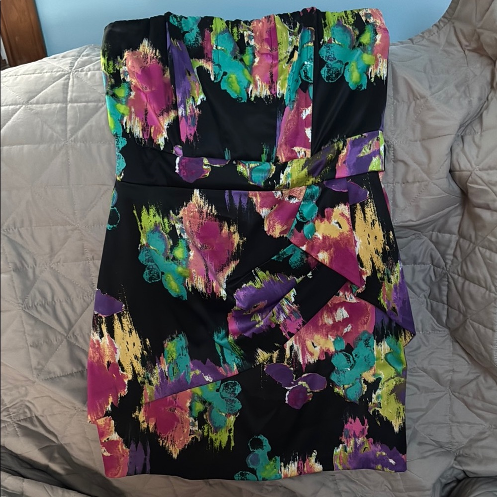 Floral Strapless Dress - Black, Purple, Green